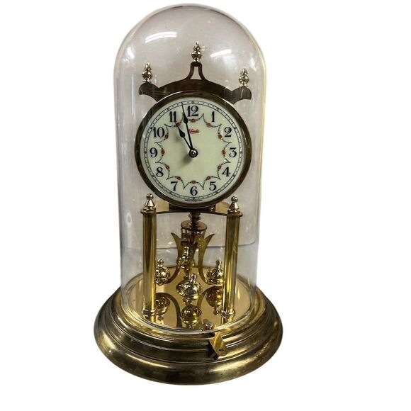 Vintage Kundo Anniversary Clock Brass Floral Motifs Glass Dome - Ubtested - Picture 1 of 6